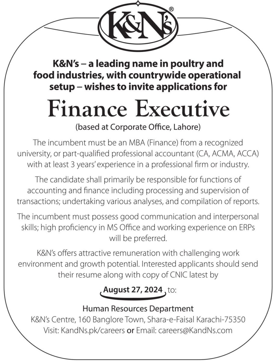 K&N’s Pakistan Jobs Finance Executive 1