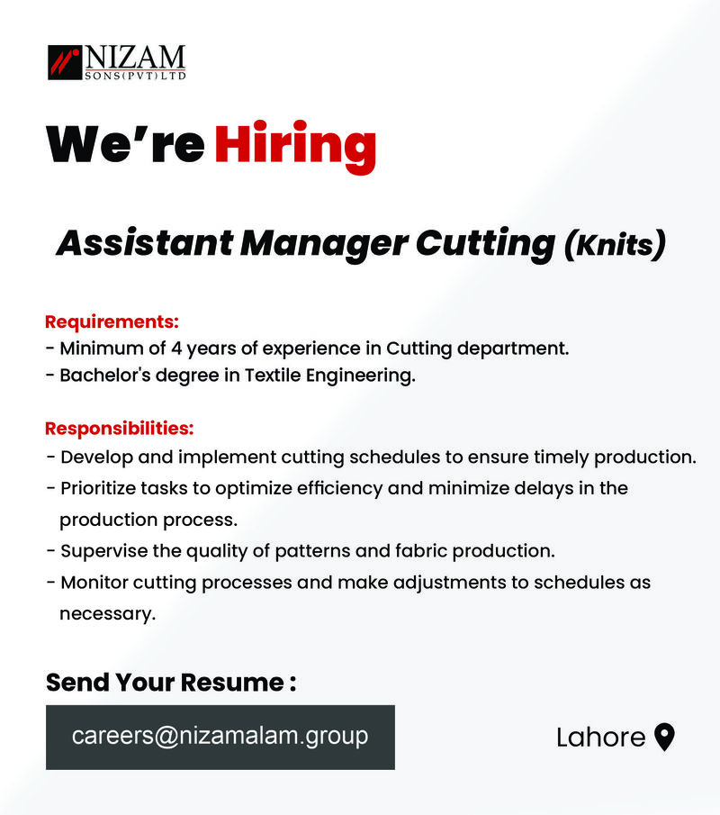 Nizam Sons (Pvt) Ltd Jobs Assistant Manager Cutting (Knits) 1