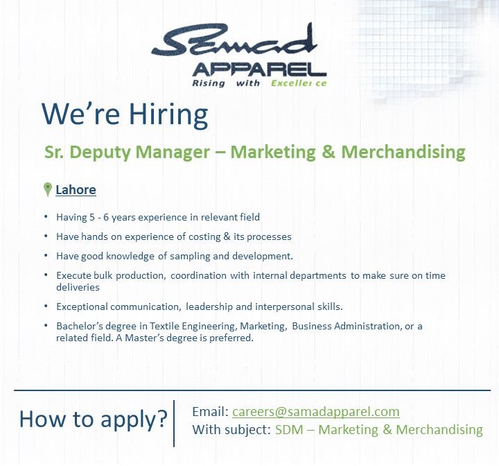 Samad Apparel Pvt Ltd Jobs Sr Deputy Manager 1