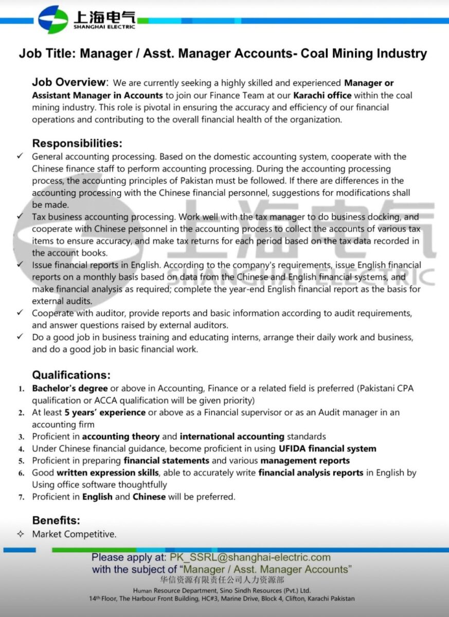 Shanghai Electric Pvt Ltd Jobs Manager / Asst Manager Accounts 1