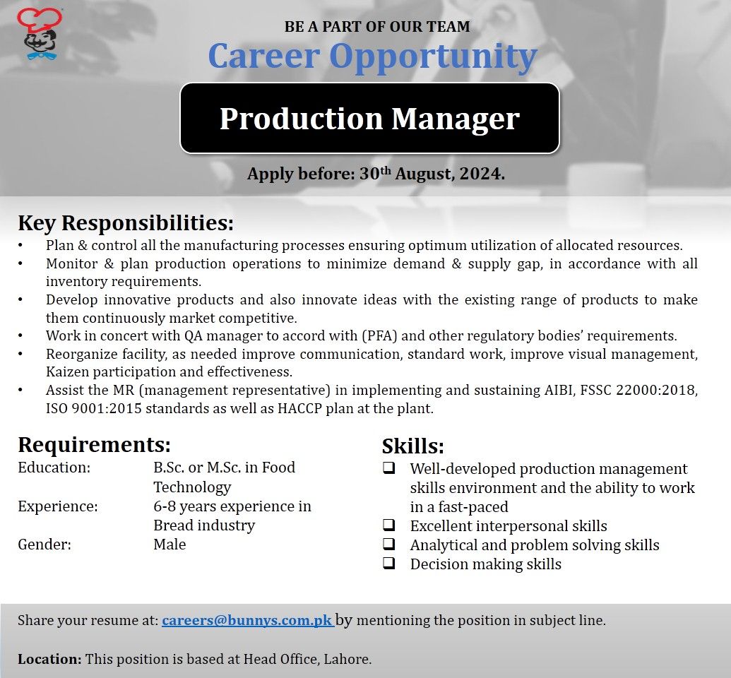 Bunny's Limited Jobs Production Manager 1