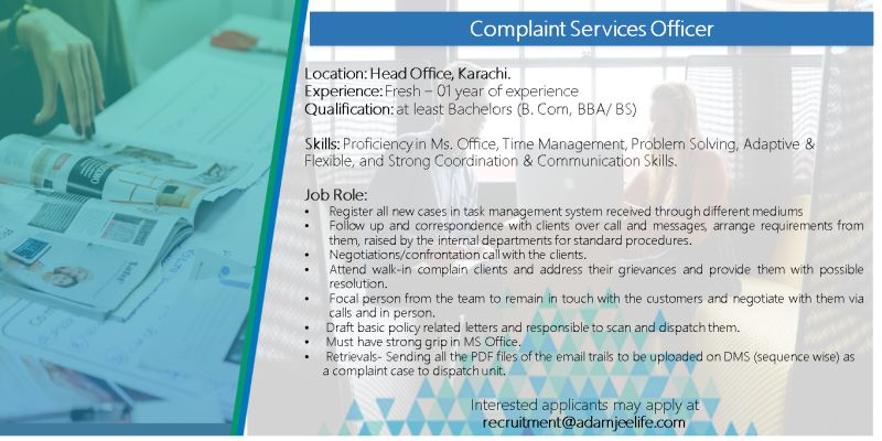 Adamjee Life Insurance Company Ltd Jobs Complaint Services Officer 1