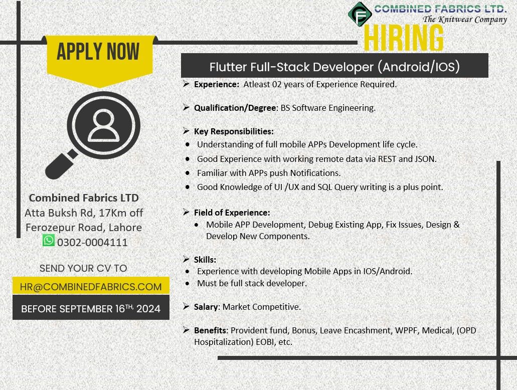 Combined Fabrics Limited Jobs Flutter Full-Stack Developer (Android/IOS) 1