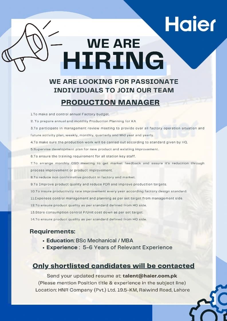 Haier Pakistan Jobs Production Manager 1