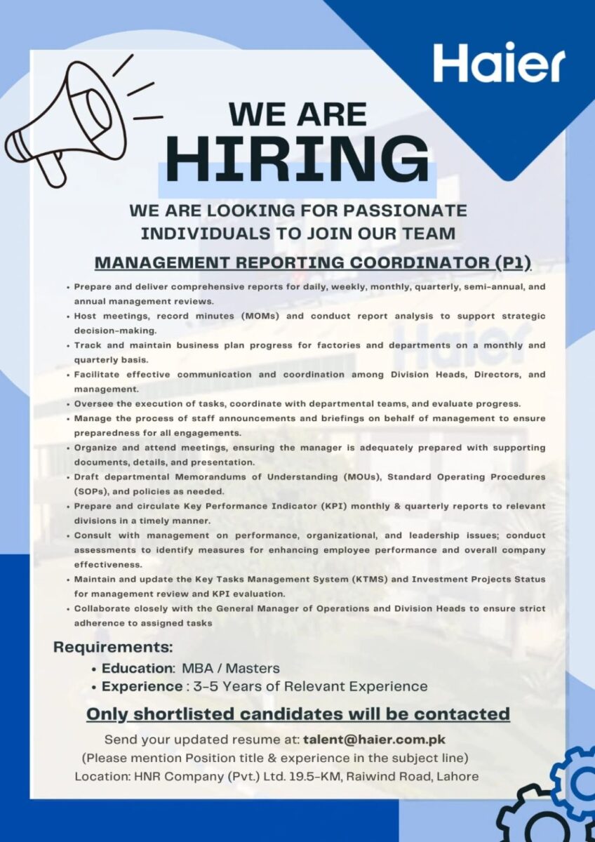 Haier Pakistan Jobs Management Reporting Coordinator 1