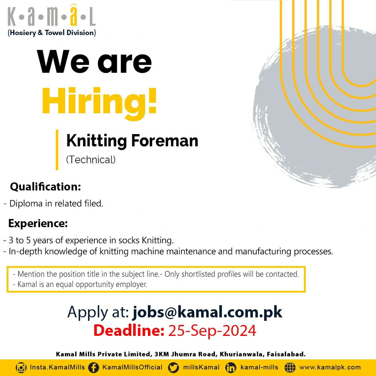 Kamal Hosiery Mills Jobs September 2024 2