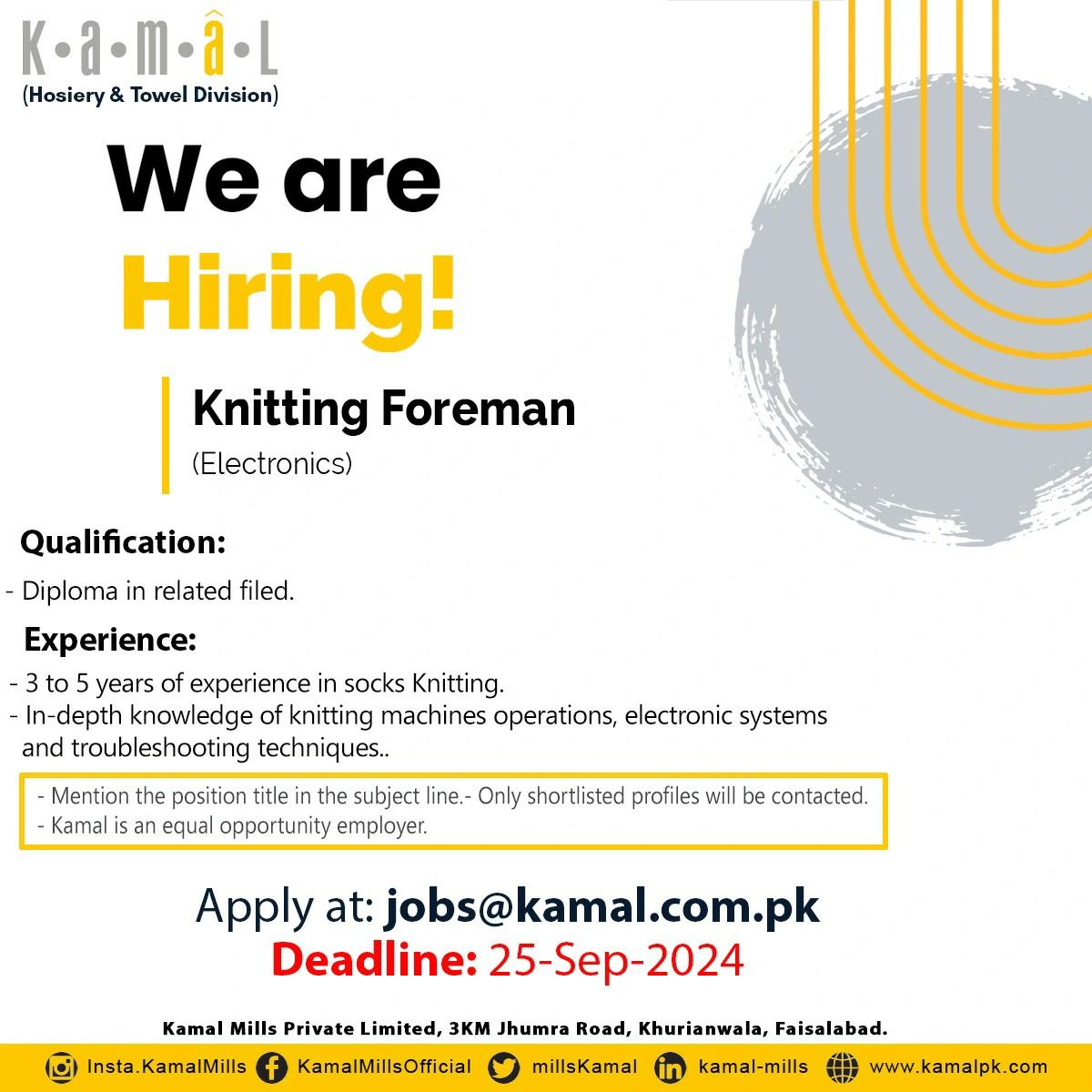 Kamal Hosiery Mills Jobs September 2024 1