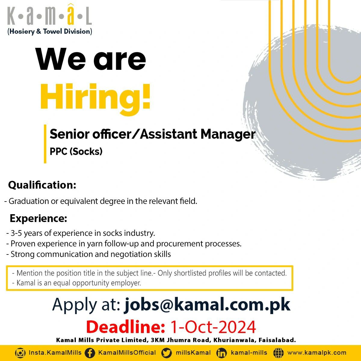 Kamal Hosiery Mills Jobs Sr Officer / Assistant Manager 1