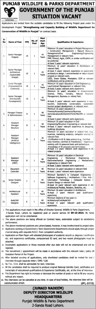 Punjab Wildlife & Parks Dept Jobs 22 September 2024 Nawaiwaqt 1