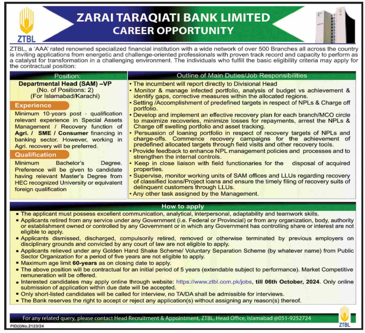 Zarai Taraqiati Bank Limited ZTBL Jobs 22 Septmeber 2024 Dawn 01 1