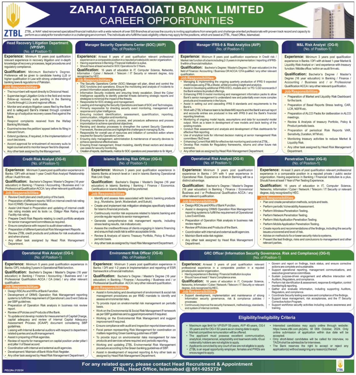Zarai Taraqiati Bank Limited ZTBL Jobs 22 Septmeber 2024 Dawn 1