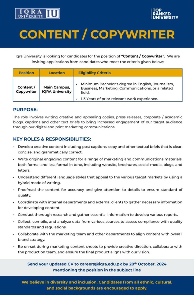 Iqra University Jobs Content / Copywriter 1