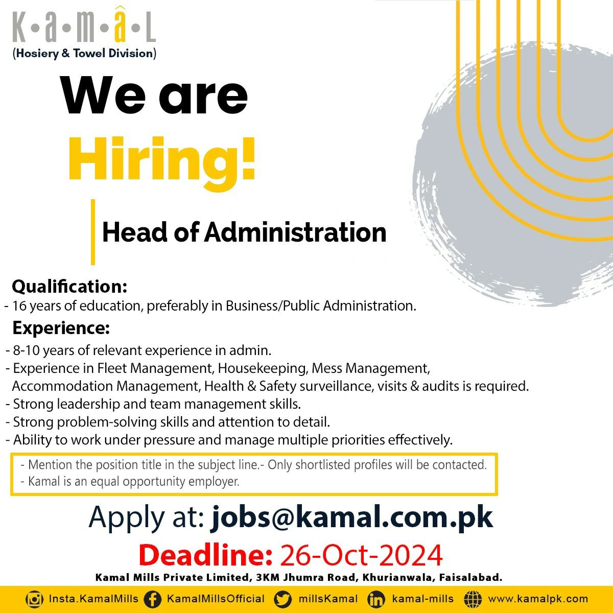 Kamal Hosiery Mills Jobs October 2024 2
