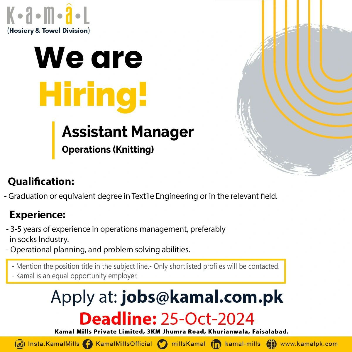 Kamal Hosiery Mills Jobs October 2024 1