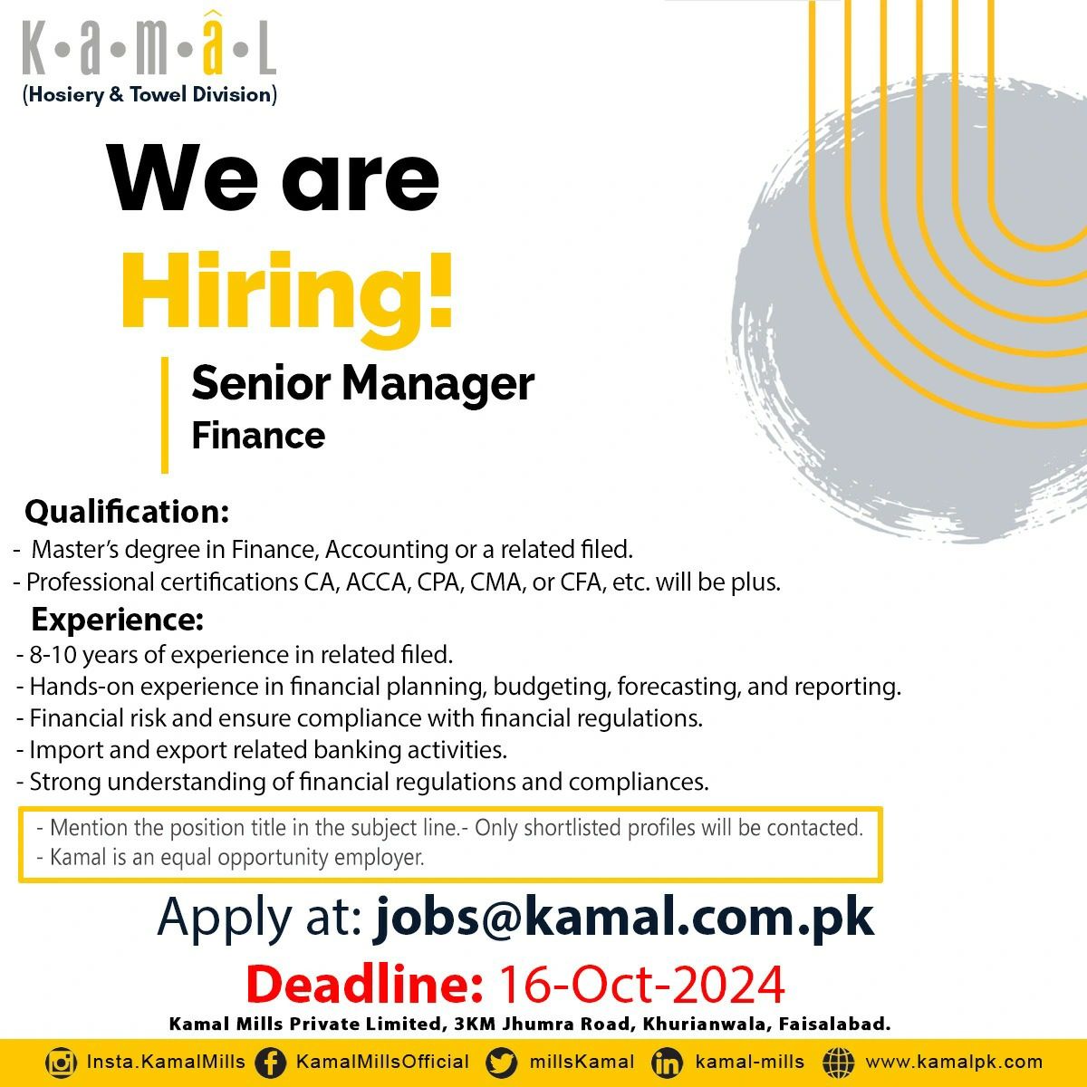 Kamal Mills Pvt Ltd Jobs Sr Manager Finance 1