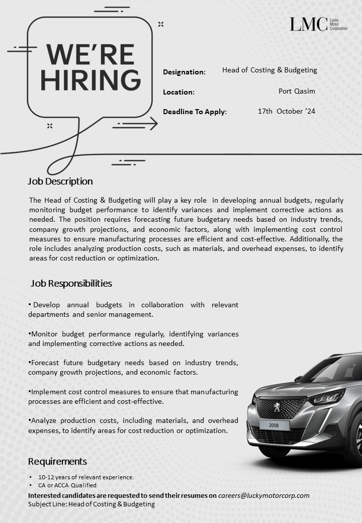 Lucky Motor Corporation Jobs Head Of Costing & Budgeting 1
