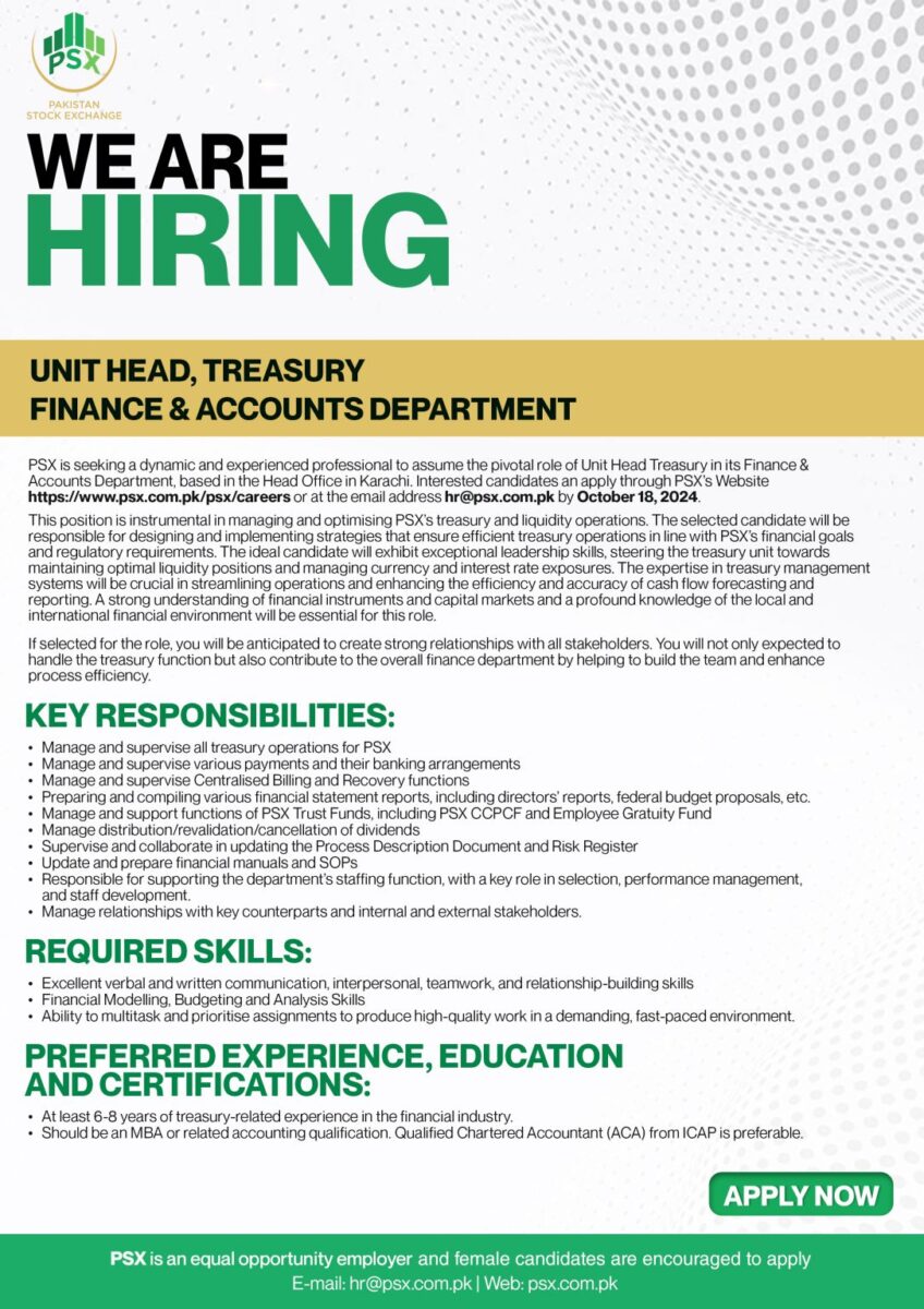 Pakistan Stock Exchange PSX Jobs Unit Head Treasury 1
