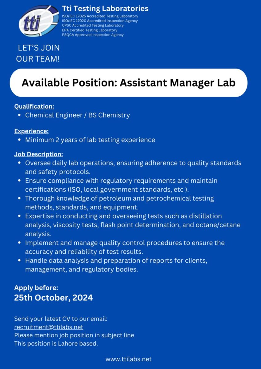 Tti Testing Laboratories Jobs Assistant Manager Lab  1