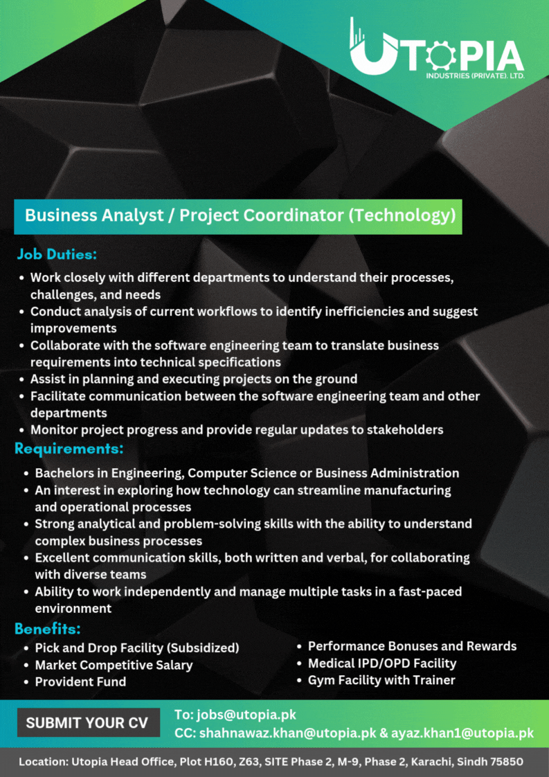 Utopia Industries Pvt Ltd Jobs Business Analyst / Project Coordinator 1