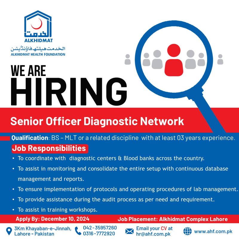 Alkhidmat Health Foundation Jobs Senior Officer Diagnostic Network 1