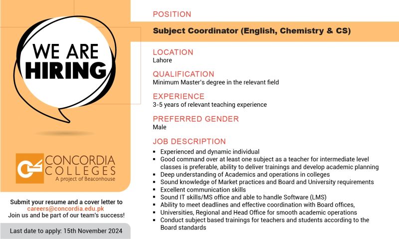 Concordia Colleges Jobs Subject Coodinator 1