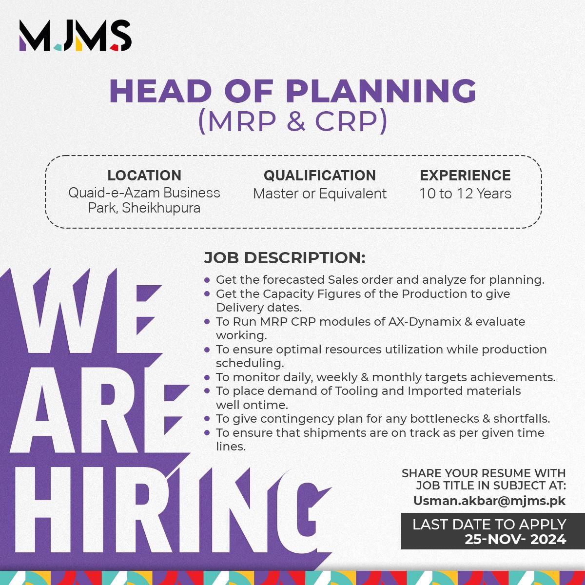 MJMS Jobs Head of Planning (MRP & CRP) 1