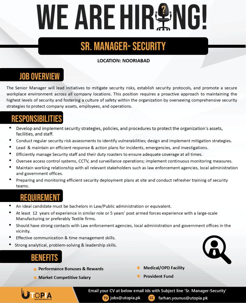Utopia Industries Pvt Ltd Jobs Sr Manager Security 1