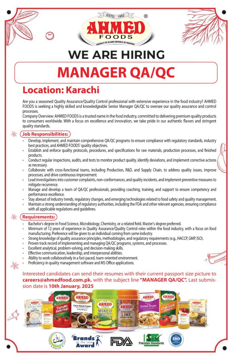 Ahmed Foods Pvt Ltd Jobs Manager QA / QC 1
