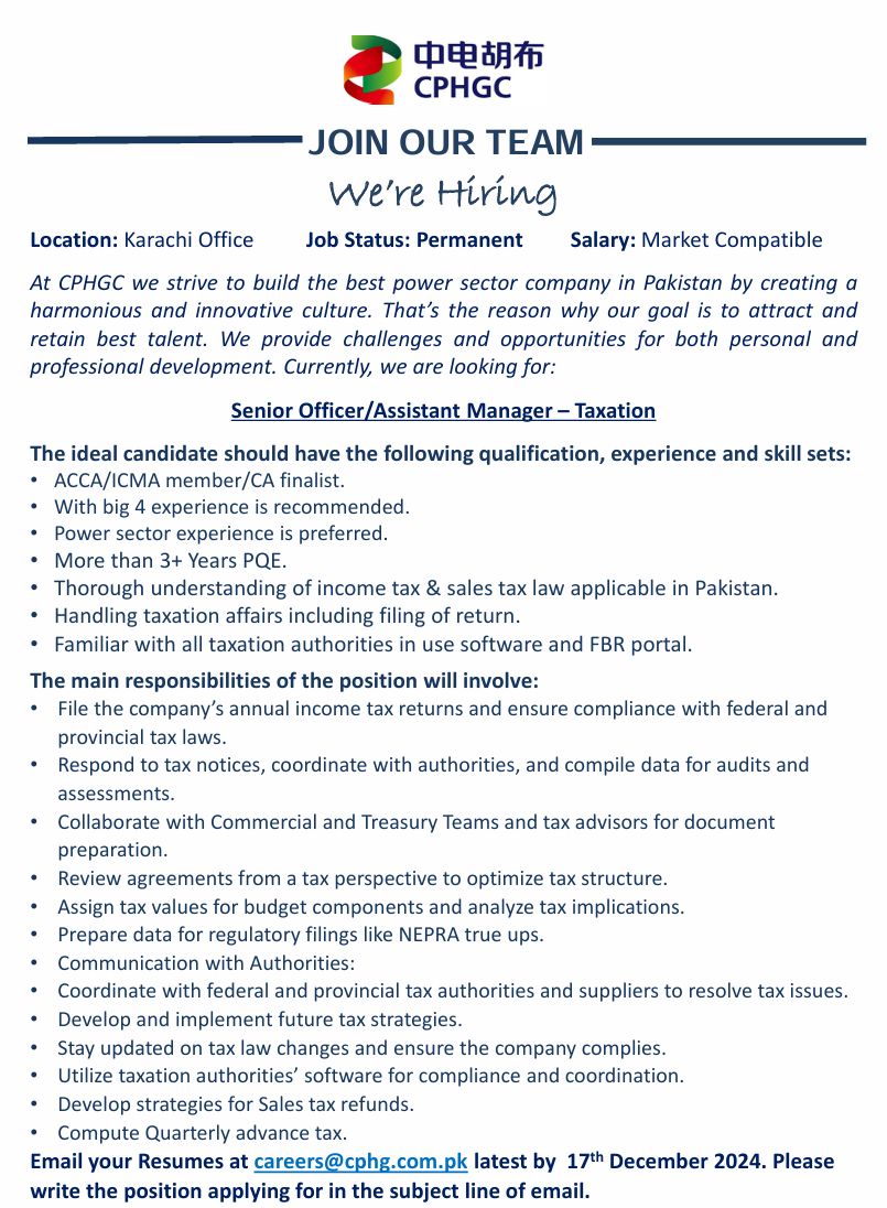 China Power Hub Generation Company CPHGC Jobs Sr Officer / Assistant Manager Taxation 1