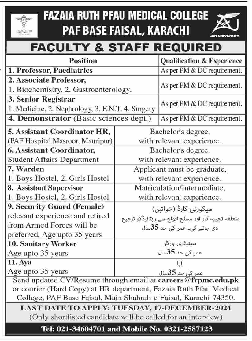 Fazaia Ruth PFAU Medical College Jobs December 2024 1