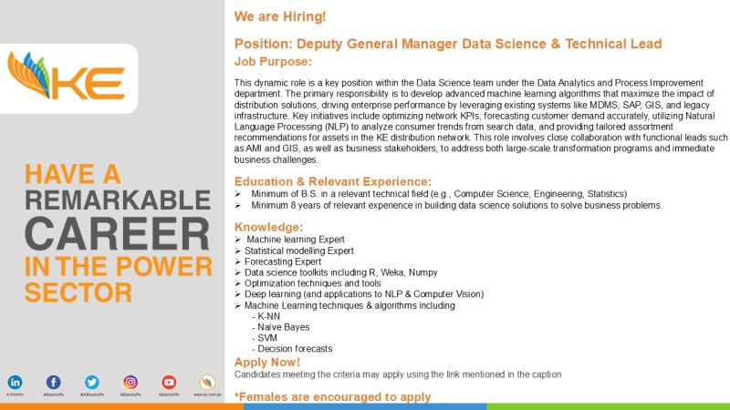 K-Electric Pvt Ltd Jobs DGM Data Science & Technical Lead 1