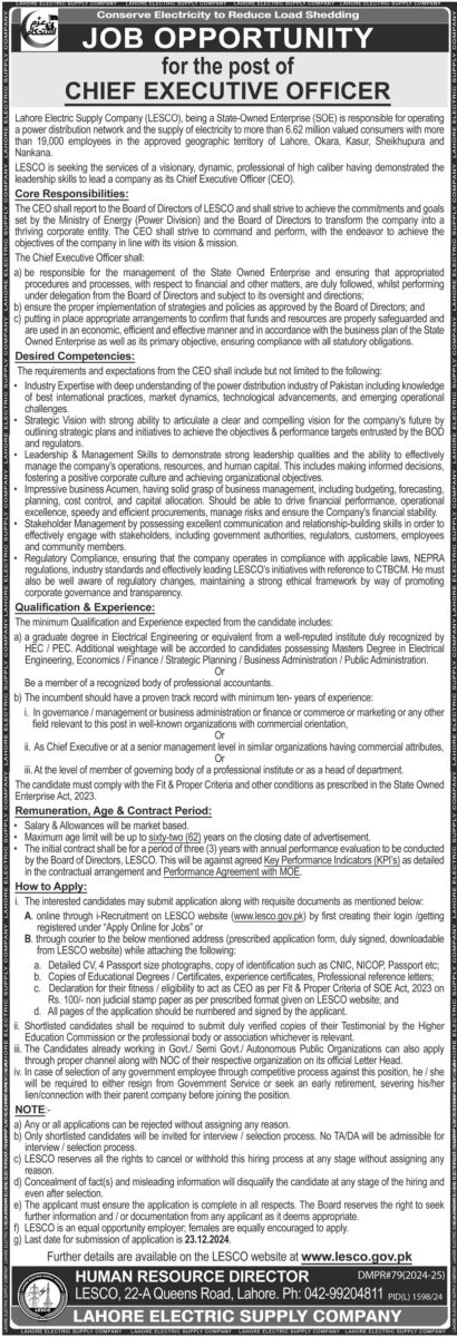 Lahore Electric Supply Co LESCO Jobs Chief Executive Officer 1