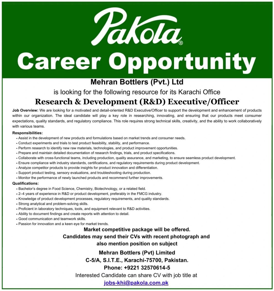 Pakola Mehran Bottlers Pvt Ltd Jobs R&D Executive / Officer 1