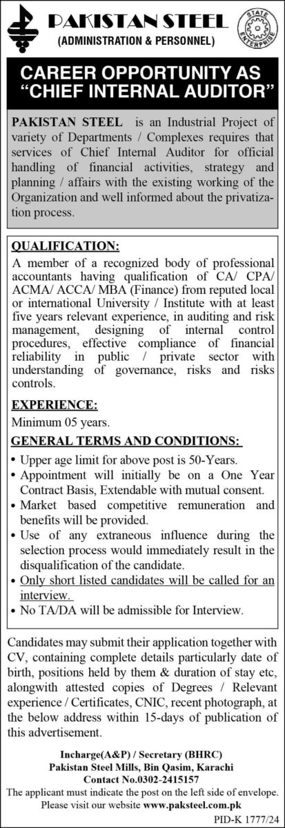 Pakistan Steel Jobs Chief Internal Auditor 1
