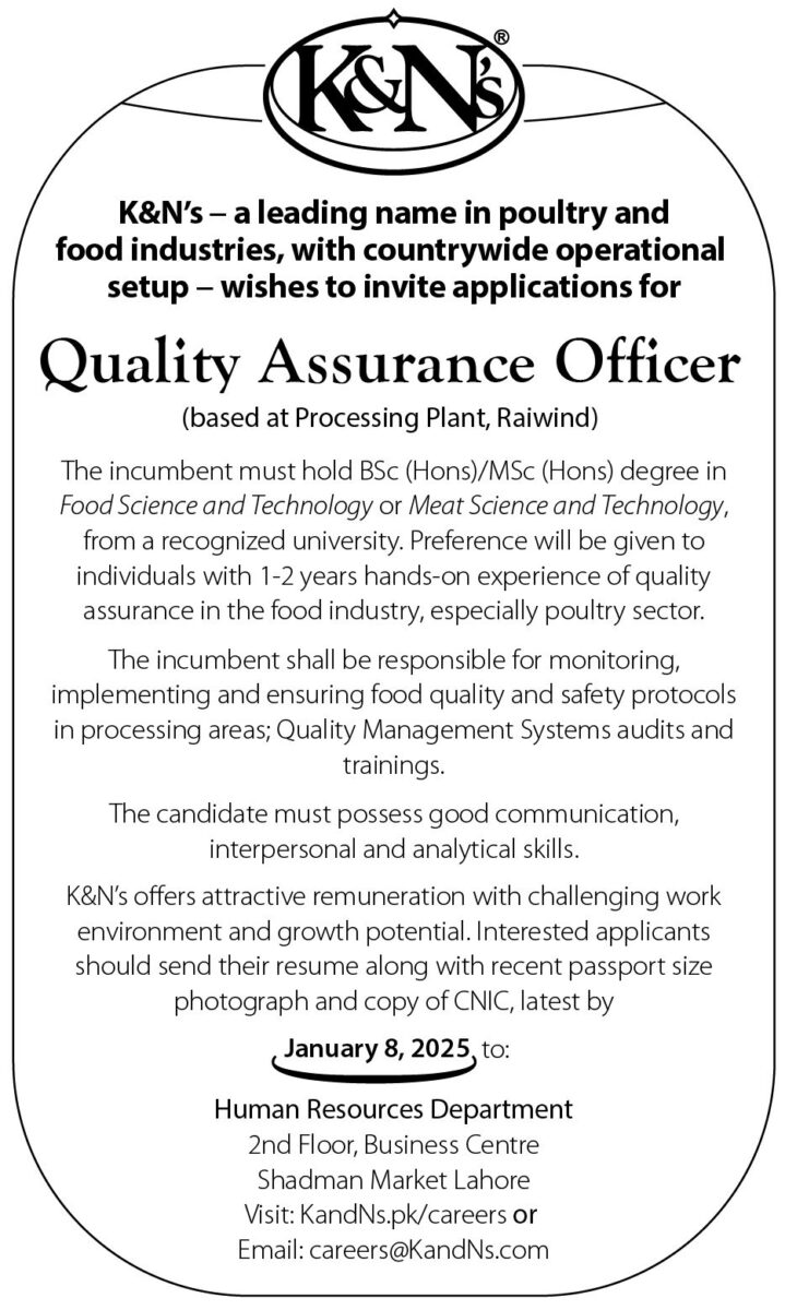 K&N's Pakistan Jobs Quality Assurance Officer 1