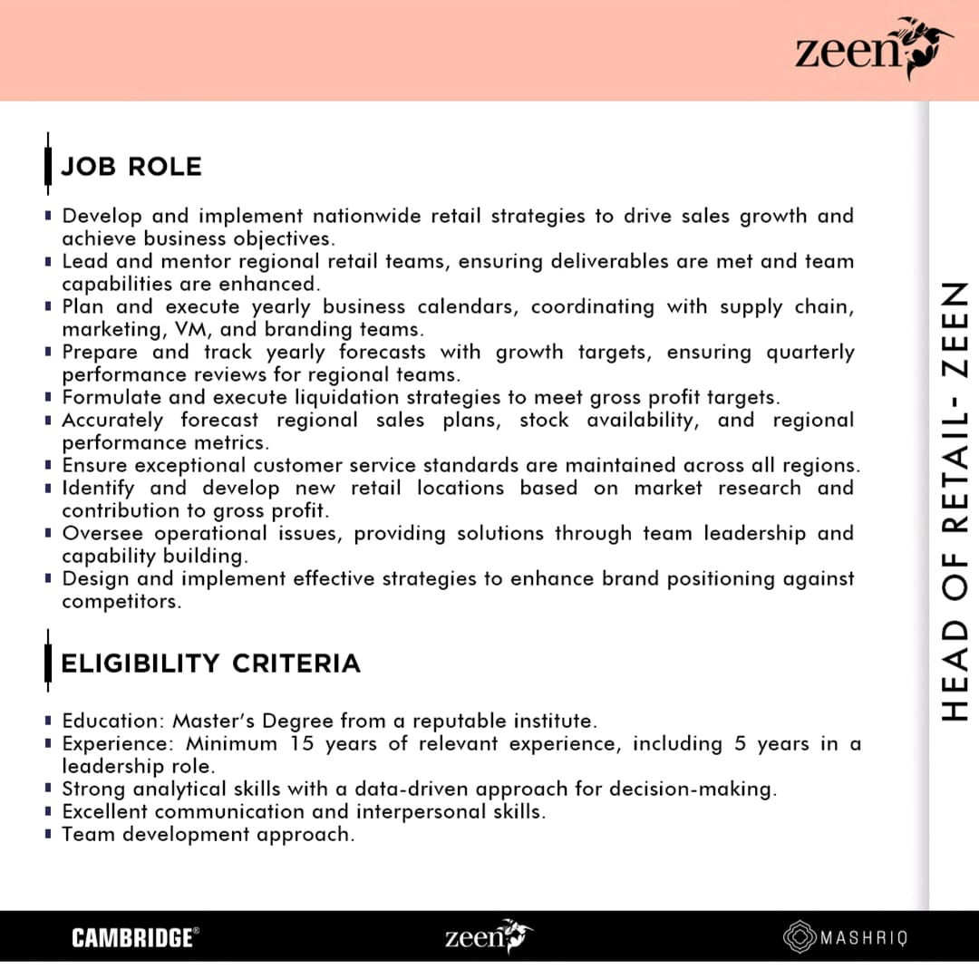 Zeen Cambridge Pvt Ltd Jobs Head of Retail 2
