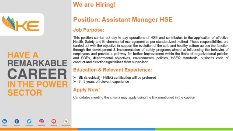 K-Electric Pvt Ltd Jobs Assistant Manager HSE 1