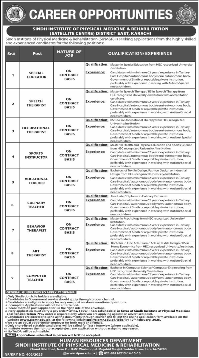 Sindh Institute of Physical Medicine & Regabilitation Jobs 02 Debruary 2025 Dawn 1