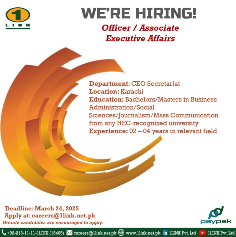 1Link Pvt Ltd Jobs Officer / Associate Executive Affairs 1