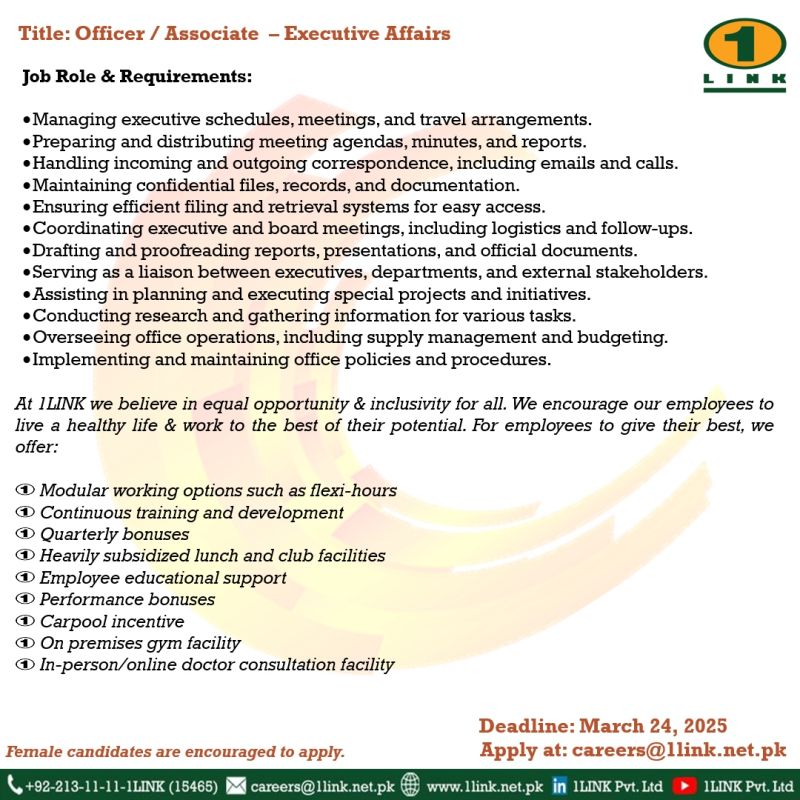 1Link Pvt Ltd Jobs Officer / Associate Executive Affairs 2