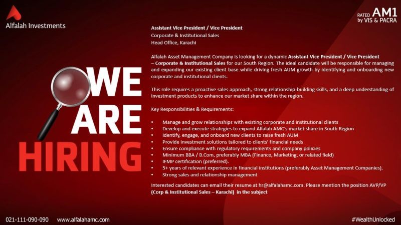 Alfalah Investments Jobs Assistant Vice President / Vice President Corporate & Institutional Sales 1