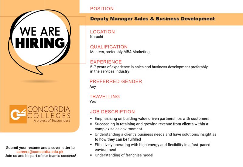 Concordia Colleges Jobs Deputy Manager Sales & Business Development 1