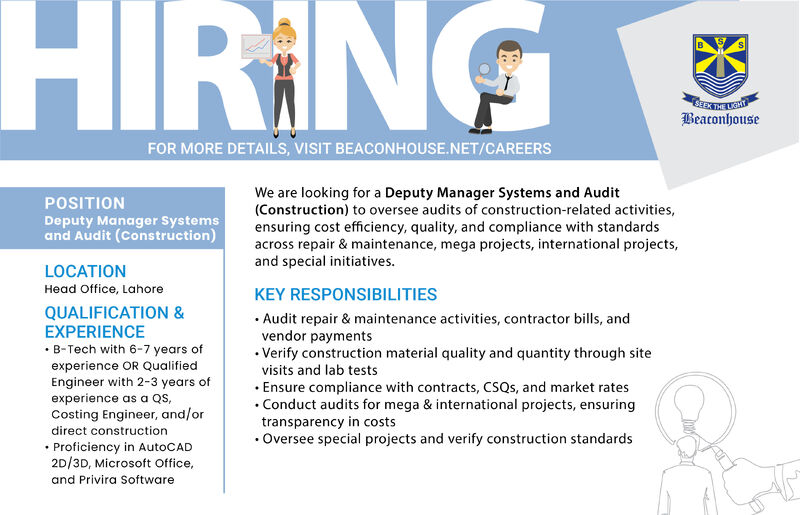 Beaconhouse Group Jobs Deputy Manager Systems and Audit (Construction) 1