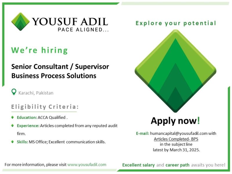Yousuf Adil Consultancy Jobs Senior Consultant / Supervisor Business Process Solutions 1