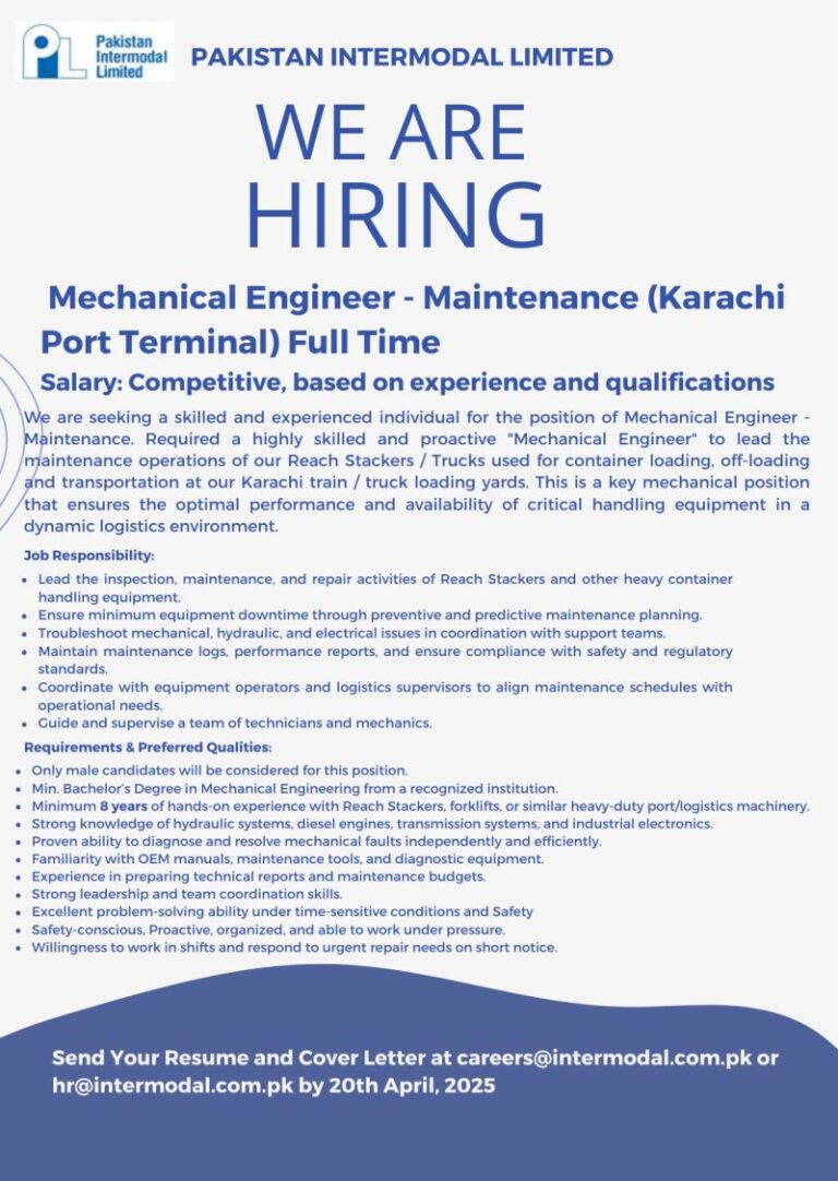 Pakistan Intermodal Limited Jobs Mechanical Engineer Maintenance