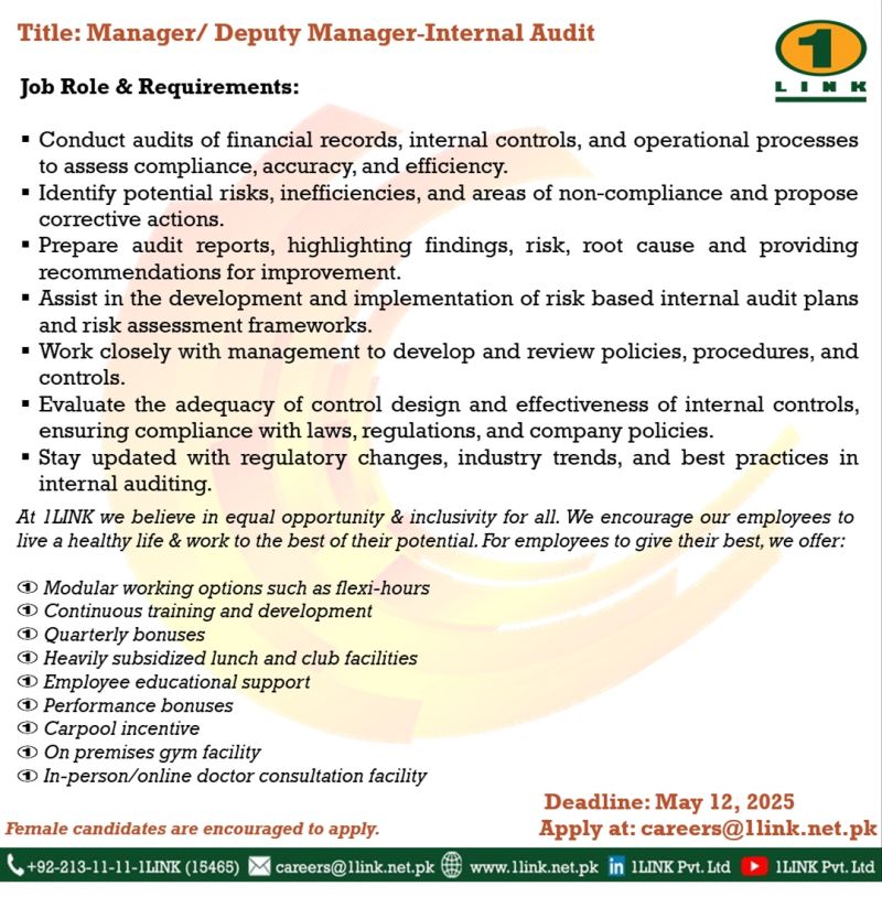 1link Pvt Ltd Jobs Manager / Deputy Manager Internal Audit 2