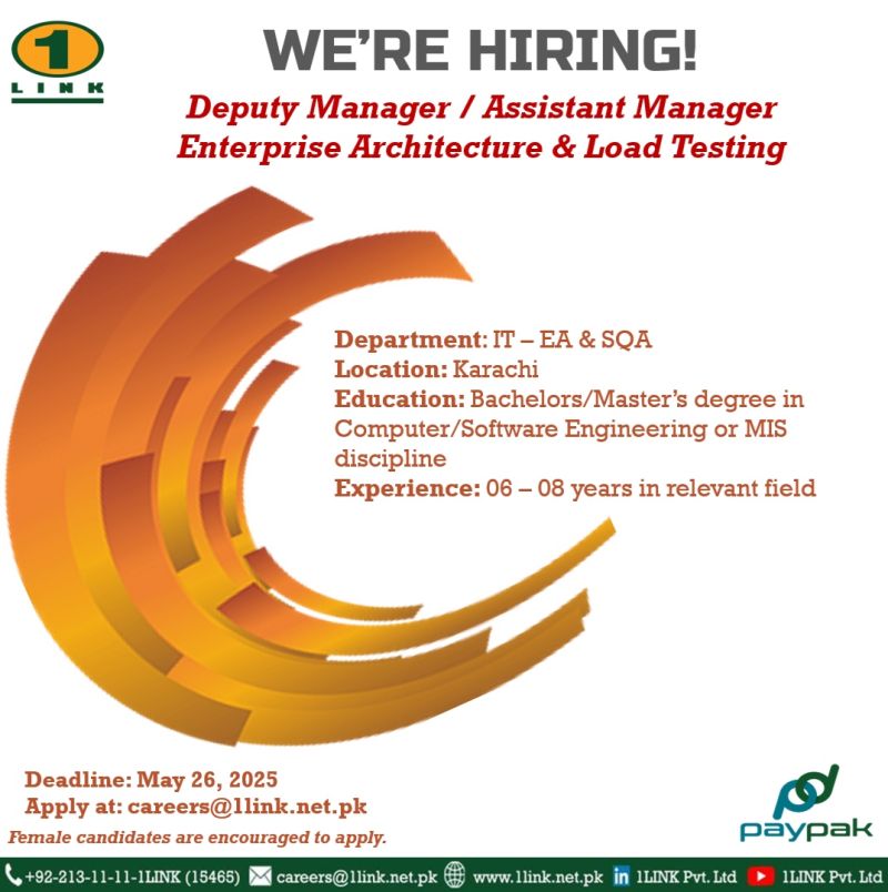 1Link Pvt Ltd Jobs Deputy Manager / Assistant Manager Enterprise Architecture & Load Testing 1