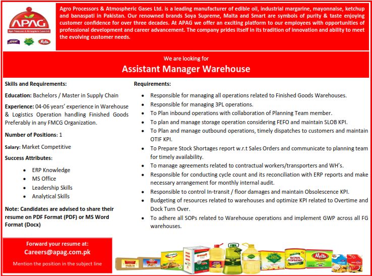 Agro Processors & Atmospheric Gases Ltd APAG Jobs Assistant Manager Warehouse 1