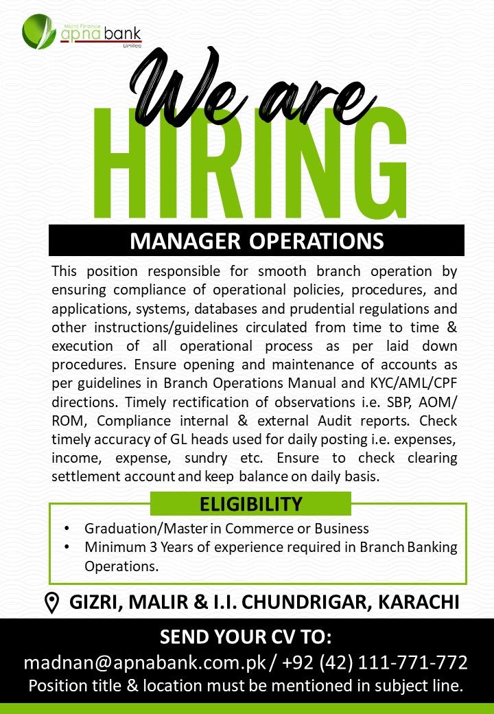 APNA Microfinance Bank Limited Jobs Manager Operations 1