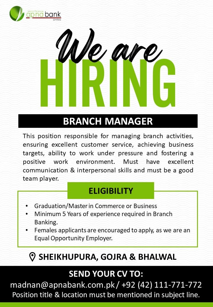 APNA Microfinance Bank Jobs Branch Manager 1